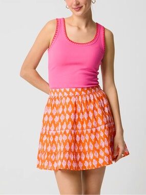 J. Crew 100% Cotton Mini Skirt Tiered  Bright Orange Print Elastic Back Waist